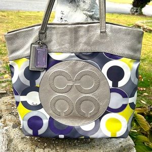 Coach Julia Op Art Signature Lilac Silver Leather Tote Shoulder Bag 14970